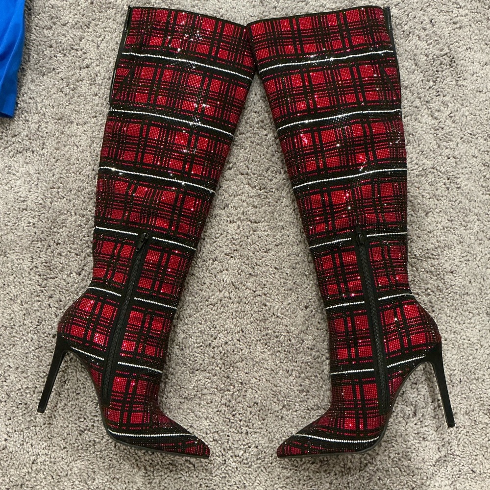 INC International Concepts Red and Black Plaid rhinestone boots OTK Boots - Picture 3 of 9